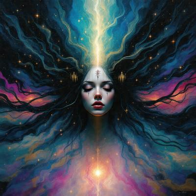 The primary subject of the image is a woman with long hair, who is the main focus of the scene. She is wearing a white headband and has a tear on her face. The setting is a colorful, artistic background that features a purple sky and a bright, colorful light. The visual style of the image is a combination of digital art and illustration, creating a vibrant and dynamic scene. The colors and mood of the image are lively and emotional, with the woman's tear